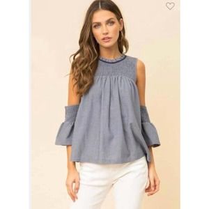 Hem & Thread NWT Blue Vertical Stripe Cold Shoulder Blouse Ruched Sleeve L